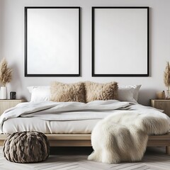 Cozy bedroom interior with two blank frames, fluffy pillows, and a faux fur throw.