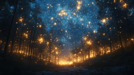 Naklejka premium Enchanted forest path, glowing lights, starry night.