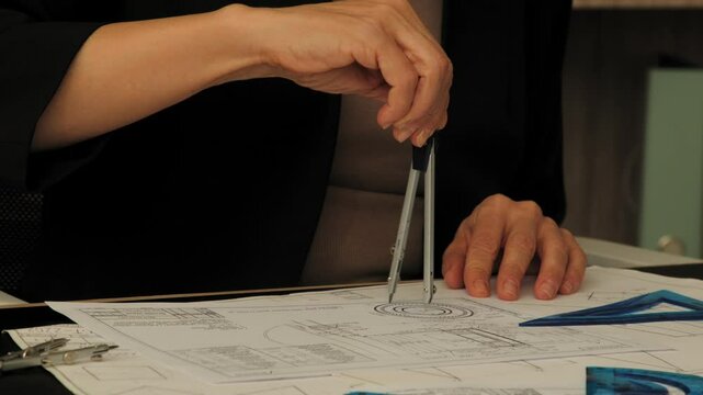 Close up of hands of mature female architect working on project blueprint, drawing design sketch using drawing compass and making measurement with triangle on drafting paper at office.