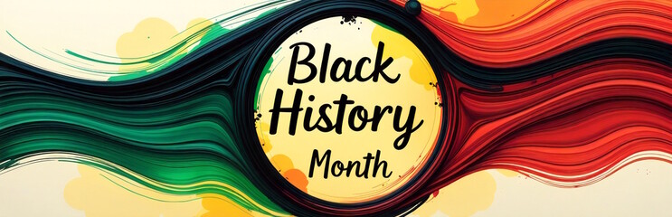 Watercolor wavy paint flows in red, green, yellow, and black with text, Black History Month concept background