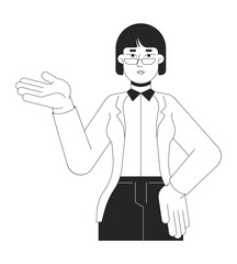 Glasses asian woman corporate gesturing explaining black and white 2D line character. Business casual korean female eyeglasses teacher isolated vector outline person. Monochromatic spot illustration