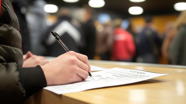 Close-up of a player's hand writing on an answer sheet, with a blurred background of fellow participants. Trivia Day,Exam, competition, challenge, enterprise, workplace test, game