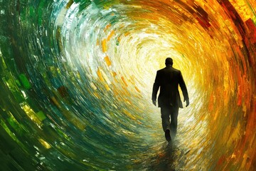 A silhouetted man walks through a swirling vortex of vibrant colors, symbolizing a journey of transformation and introspection.
