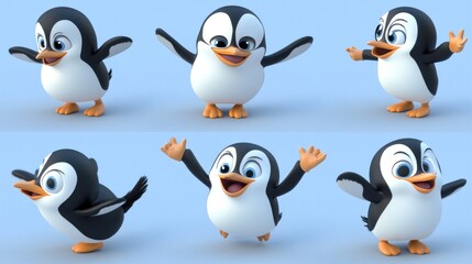 Fototapeta premium Six adorable cartoon penguin poses, cheerful expressions, various actions.