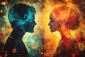 Silhouettes of a man and a woman against a vibrant, colorful background, representing deep connection and emotion through ethereal smoke effects.