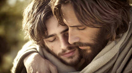 Fototapeta premium Jesus offers solace to a young man in a moment of deep compassion amidst soft lighting and rustic charm