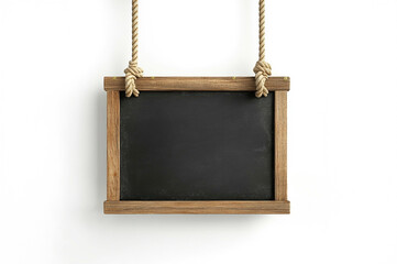 Blackboard with a black surface and a wooden frame that is suspended by two thick ropes, each knotted at the top. The board has a clean surface and is ready to use for writing or drawing.
