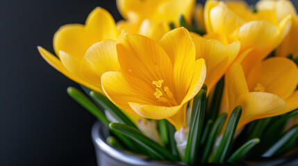 Naklejka premium A close-up of bright yellow crocuses in full bloom, with vibrant green leaves and a dark background, emphasizing their delicate details and natural charm. 