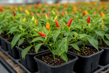 Organic chili is an essential ingredient. Vibrant chili pepper plants in black pots, ready for harvest.