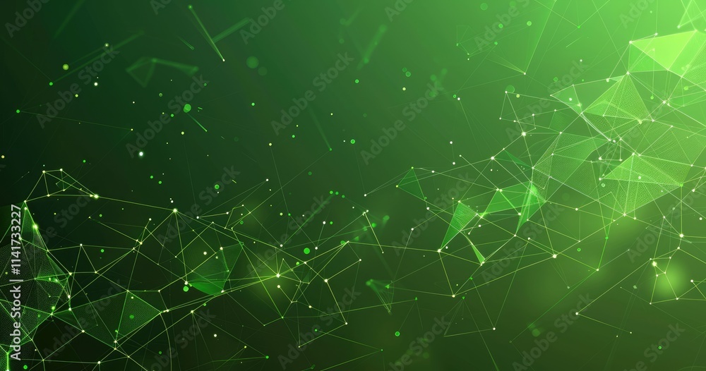 Poster abstract green background with geometric shapes and connected lines.