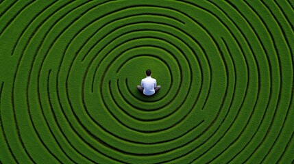 Finding Inner Peace: A solitary figure sits serenely at the center of a mesmerizing green spiral, symbolizing introspective contemplation and the search for inner peace.