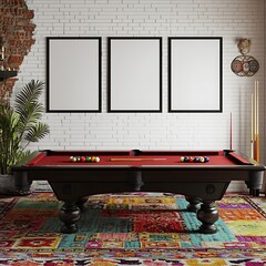 Pool table in a game room with three mockup frames. Home decor concept.