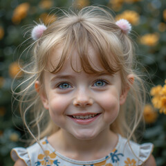 Joyful Child in Floral Dress Amidst Yellow Flowers - Portrait Photography of a Smiling Little Girl in Nature