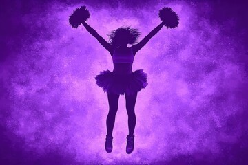 A dynamic silhouette of a female cheerleader, joyful and energetic, jumping against a vibrant purple background with pom-poms raised high.