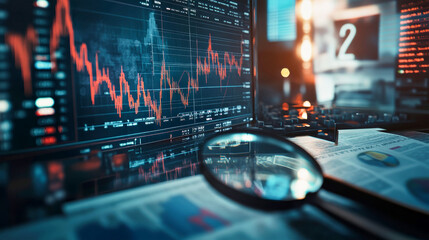 Exploring financial trends through charts and analysis with a magnifying glass over a financial newspaper