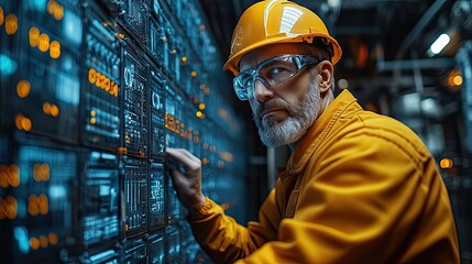 A mature engineer in a yellow hardhat and safety glasses looks intently at a control panel with glowing digital readouts. He wears a yellow jumpsuit and has a serious expression on his face.