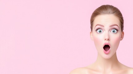 Surprised woman with open mouth against a pink background.