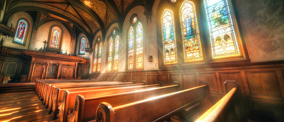 Fototapeta premium Sunlight dances through stained glass windows, illuminating rustic church pews in a vintage interior setting