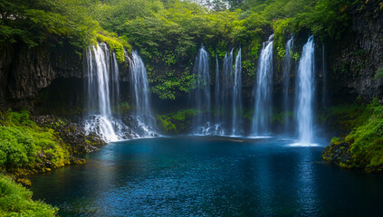 Fototapeta premium A waterfall, nestled between vibrant green foliage and crystal-clear blue water, creates a breathtaking natural landscape.