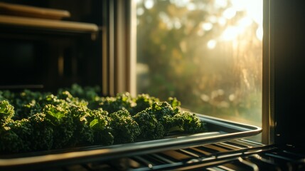 Freshly Harvested Kale on a Baking Tray in a Cozy Kitchen with Sunlight Streaming Through the Window, Emphasizing Healthy Eating and Cooking Lifestyle Choices