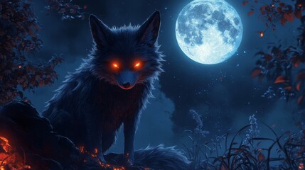 Fototapeta premium Dark fox with glowing eyes under a full moon.
