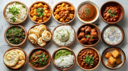 Top View of Indian Foods Collection Featuring Momos, Butter Chicken Curry, Rice, Samosas, and Pani Puri Isolated on White Background