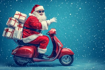 santa claus on motorcycle delivers gifts christmas presents -  Generative AI