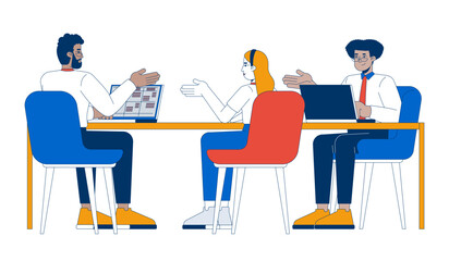 Three people colleagues discussing work at desk 2D cartoon characters. Cooperation teamwork coworkers multicultural isolated people flat vector on white background. Spot illustration colorful