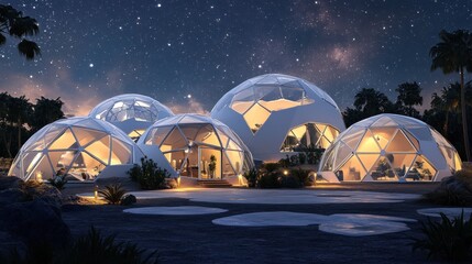 Futuristic dome houses at night under a starry sky.
