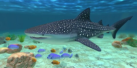 Fototapeta premium Majestic Whale Shark Swimming Gracefully Through a Colorful Coral Reef Surrounded by Small Tropical Fish