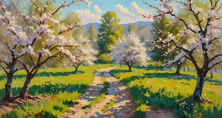 A serene painting depicts a winding path through a lush orchard. adorned with blooming trees. grass. and flowers. under a vast expanse of fluffy white clouds.
