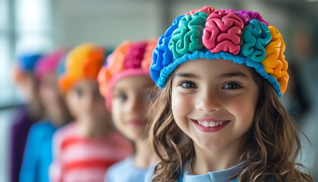 Children wearing colorful brain hats, representing cognitive development and learning, playful and fun theme, lighthearted atmosphere, creative educational journey