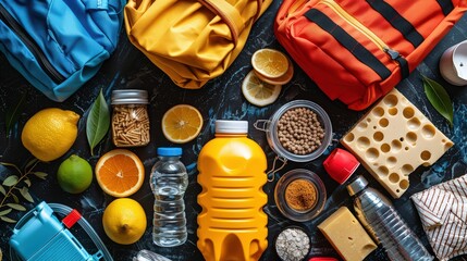 Top View of Essential Items Useful in Emergency Situations, Including Tools for Natural Disaster Preparedness