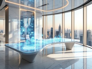 Futuristic CEO Office with Holographic Tech and City View