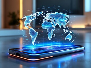 Futuristic Business Smartphone with 3D Holographic World Map and AI Features