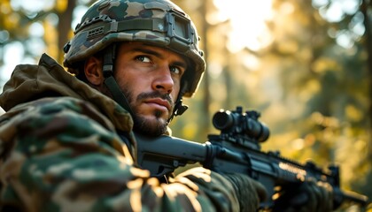 A close-up of a soldier in camouflage gear holding a rifle, with a focused expression, standing in a dense forest, sunlight filtering through the trees, creating a contrast with peaceful surroundings