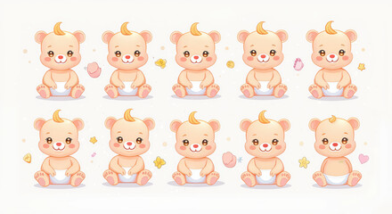 Cute Baby Bear Illustration Set with Adorable Cartoon Characters and Playful Elements for Children's Designs