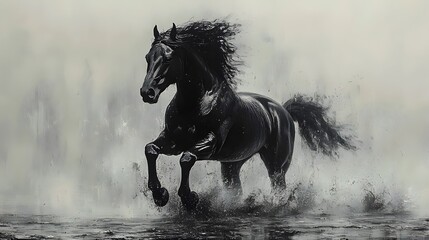 A black horse is running through a muddy field