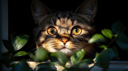 A close-up of a cat peering through leaves, illuminated by soft light and shadows.