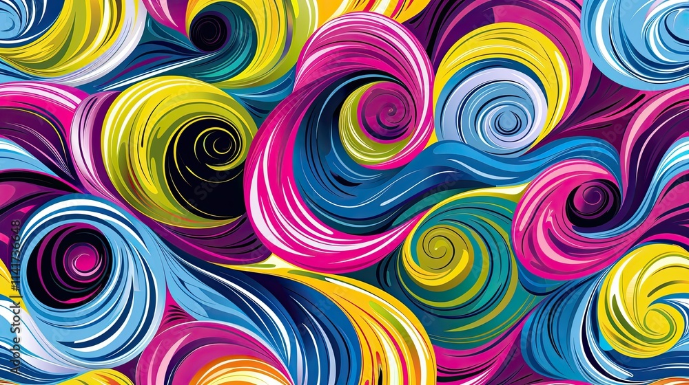 Poster a vibrant abstract swirl pattern in bold colors creating a dynamic visual flow.