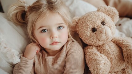 Sweet toddler girl with blonde hair relaxing with a soft teddy bear on a cozy bed, surrounded by plush pillows and warm blankets in a serene and inviting atmosphere