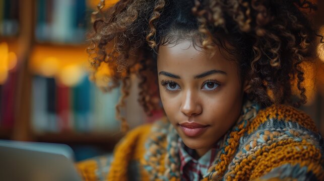 Gifted Black Female Student Studying in University Library, Writing Notes on Laptop for Class Assignment. Diverse Multiethnic Students Collaborate for Exams and Learning