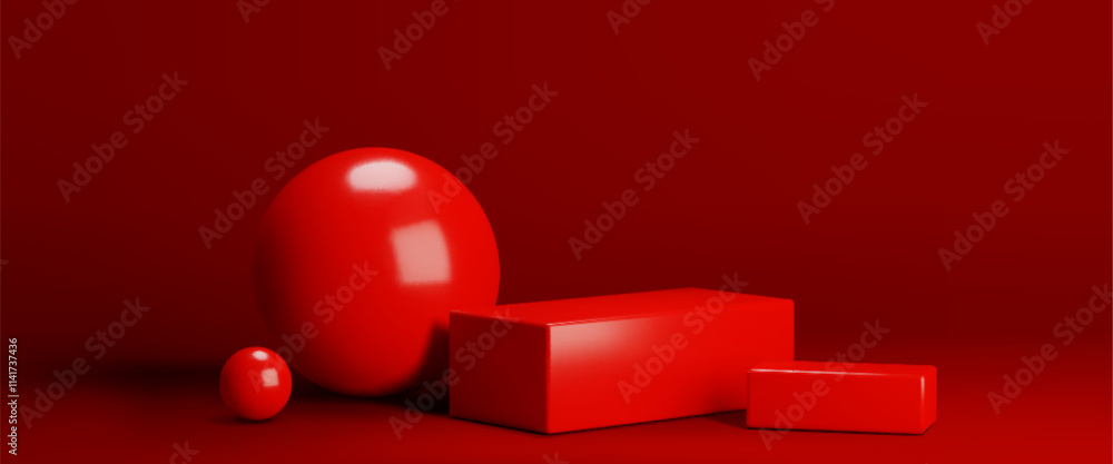 Poster glossy ball and rectangular block on red background. vector realistic illustration of romantic gift 