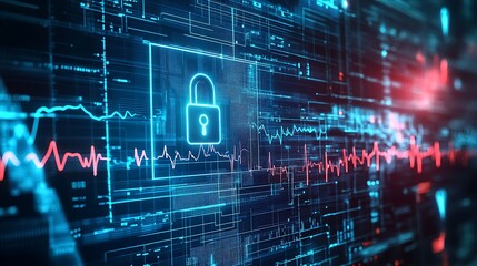 A concept image of a lock symbol overlaid on a digital health record, illustrating the security and privacy of personal health information 