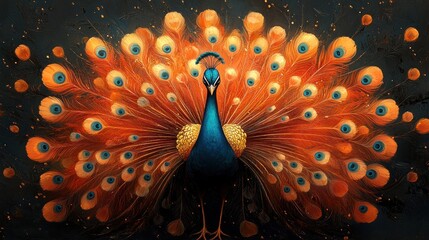 Peacock displays vibrant, orange-gold tail feathers.