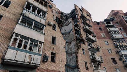 destroyed and burned houses in the city in Ukraine