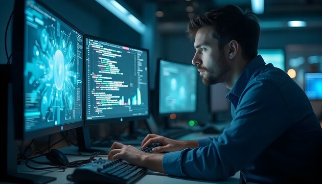 A software developer coding in a futuristic workspace, using three monitors with holographic interfaces displaying lines of code and 3D models of applications. - Powered by Adobe