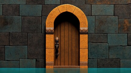 Mysterious Archway Door: An ancient, arched wooden door, seemingly submerged in dark water, stands against a backdrop of aged, dark stone blocks. This image evokes mystery and intrigue. 