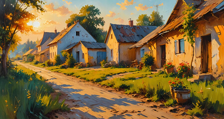 A rural scene featuring a country road lined with houses. trees. plants. flowers. and grass. A bucket rests amidst the natural landscape. while a bright. cloud-filled sky dominates the background.