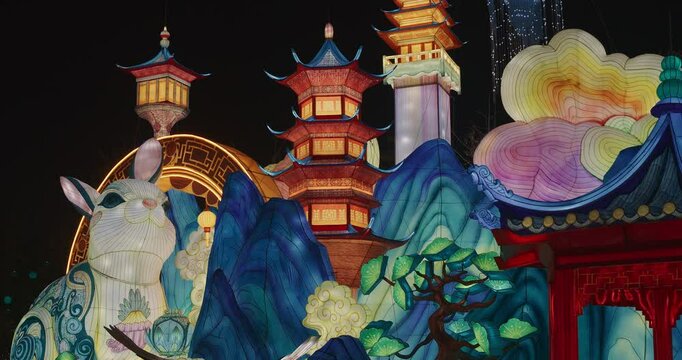 Beijing, China. Zigong Lantern Festival In Beijing. Amazing Lighting Composition Of Mythological Story About Moon Goddess Chang'e And Her Rabbits, Who Stole Elixir Of Immortality From Her Husband And